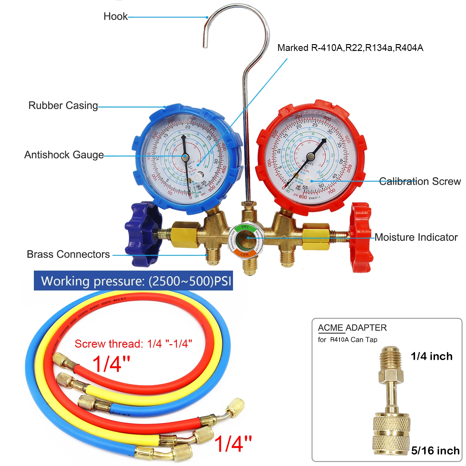 For R410A R22 R404A R134A Refrigerant Manifold Gauge SET Air Condition Refrigeration Set Air Conditioning Tools Hose and Hook