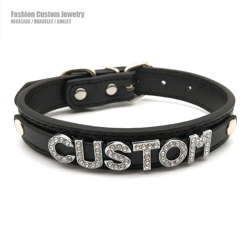 Goth Black PU Leather Customized Name Necklaces Sexy Letters Collar Choker Personalized Cosplay Custom Chocker Jewelry Gift white pu leather pendant trays jewelry cases