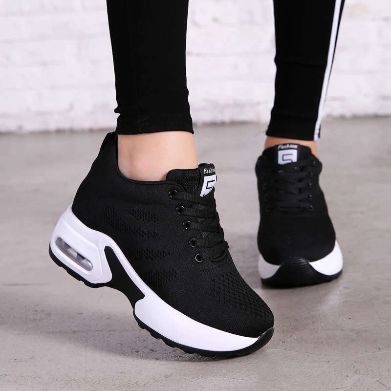 Invisible Inner Heightening Sports Shoes WOMEN'S New Thick Bottom Slope Single Shoes Mesh Breathable Shoes Joker Ladies and Stud