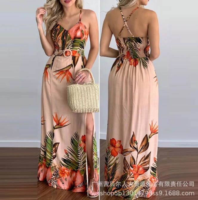 

Women's Elegant Casual 2024 New Summer Fashion Sexy Dress Hanging Strap Positioning Burn Flower Dress with Belt