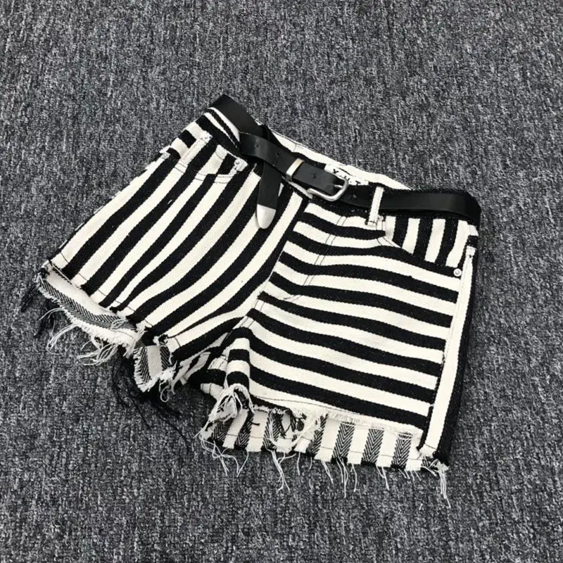 Striped Casual Denim shorts for Women New Summer Elastic Waist Loose Wide Leg Track Sweatpants Girls Students Short Femme blue jeans