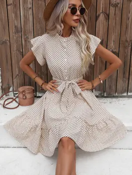 European and American women's polka dot printed butterfly sleeves with ruffled edges and wide pine hem waistband dress 1