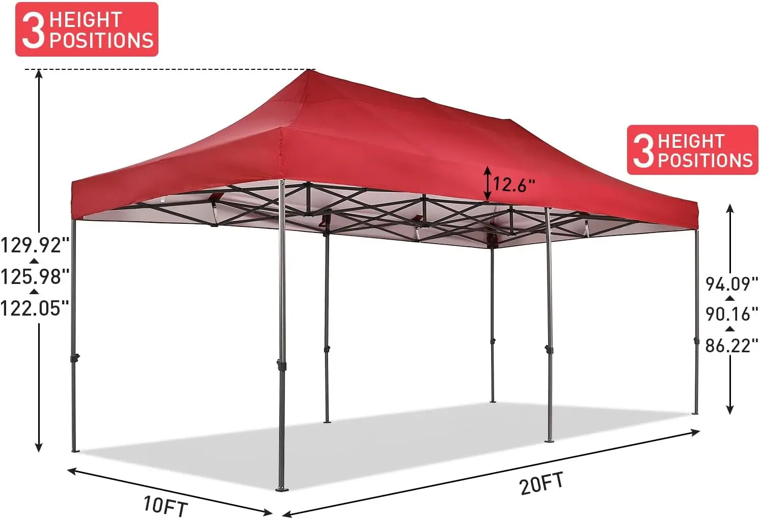 10x20 ft Instant Pop up Canopy, Folding Heavy Duty Height Adjustable Shelter Gazebos with Wheeled Bag Red