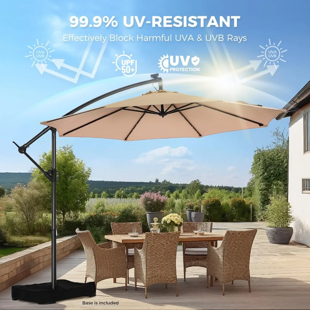 10ft Solar Lights Offset Cantilever Patio Umbrella - with Light and Base, LED Lighted Offset Hanging Patio Outdoor Market 2