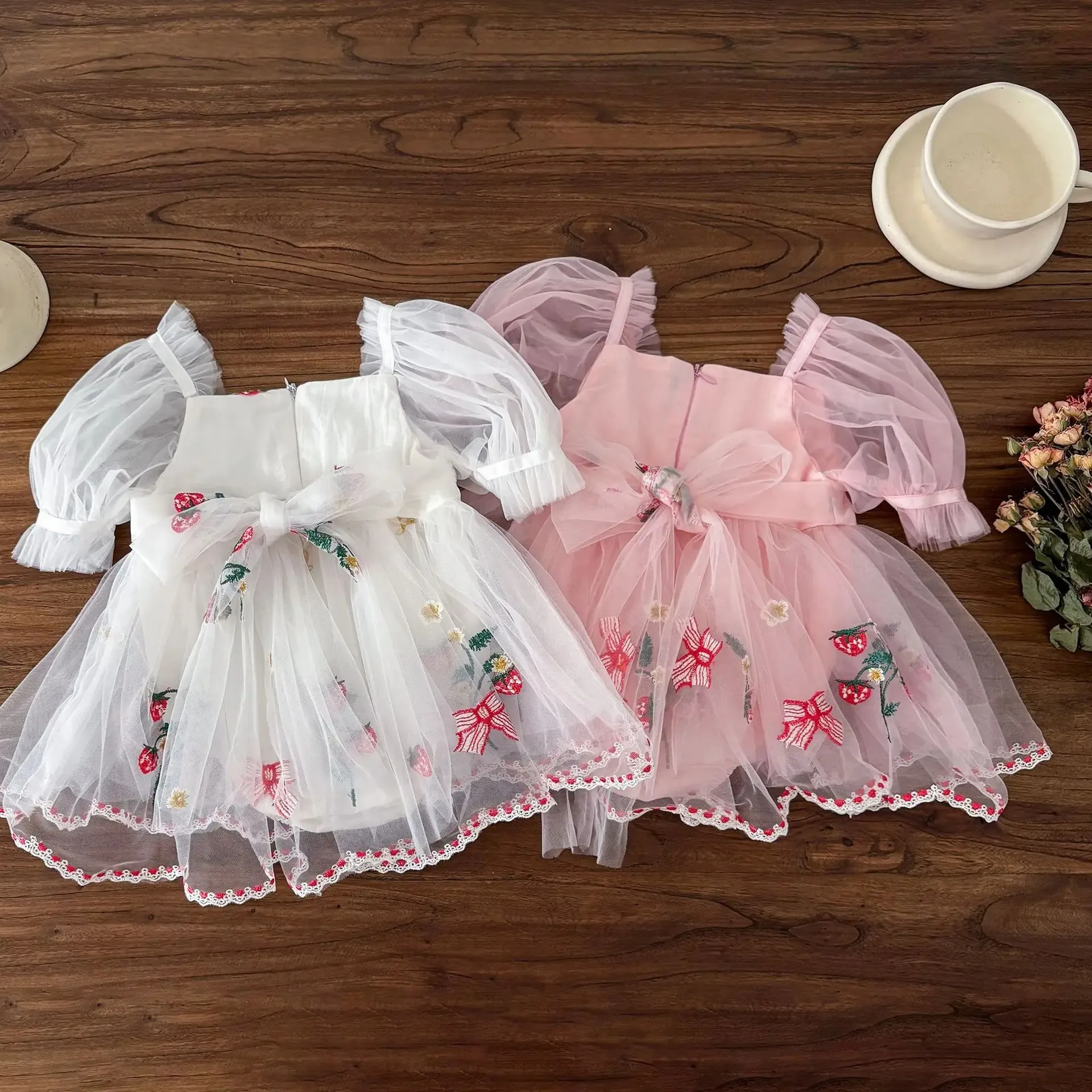 Spring Summer Embroidered Princess Onesie with Butterfly Knots And Bubble Sleeves Baby Girl Cotton Romper with Trousers