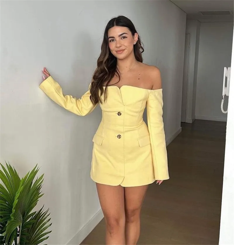 Off-shoulder Strapless Sexy Blazer Dress For Women Fashion Solid Zipper Two Pocket Long Sleeve Backless Mini Dress