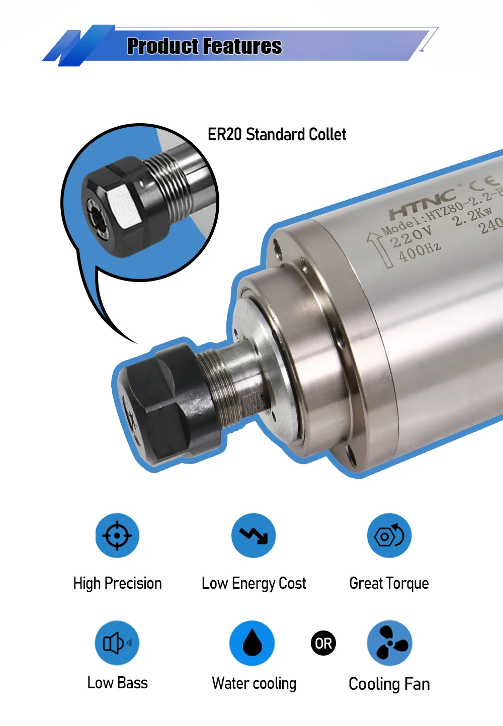 2200w 80mm Round Spindle Motor For wood aluminium soft metal ER20 400hz 24000rpm