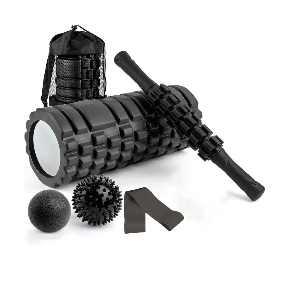 6 IN 1 Yoga Training Tools, Foam Roller, Massage Stick, Tension Band and 2 Massage Balls for Fitness, Yoga, Pilates Yoga Roller