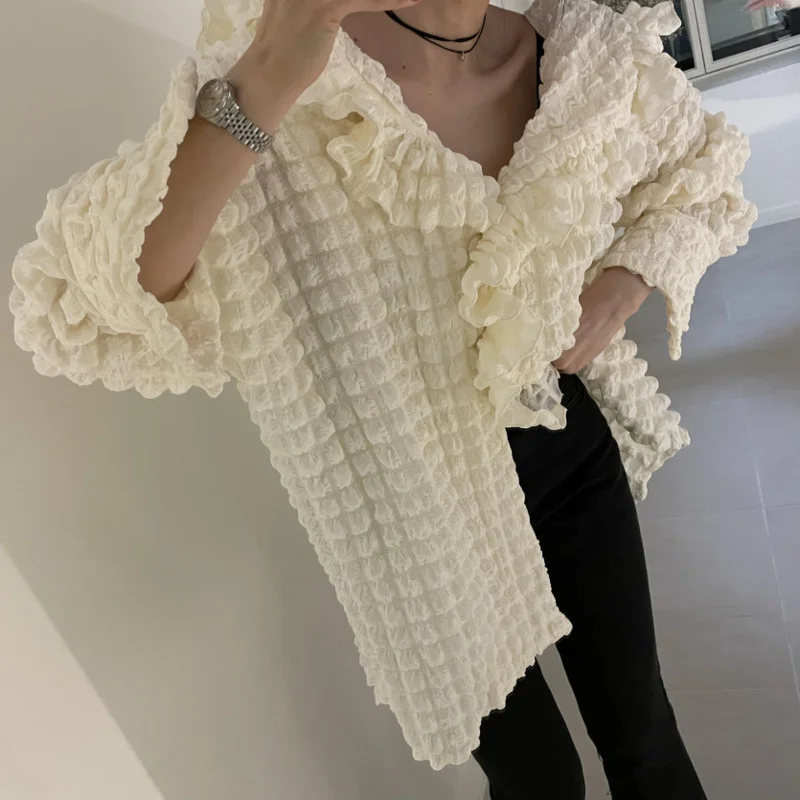 

Laple Women Puff Sleeve Shirt 2023 Spring Autumn New Ruffle Solid Color Spliced Blouse Top Fashion 3D Bubble Plaid Tops H133