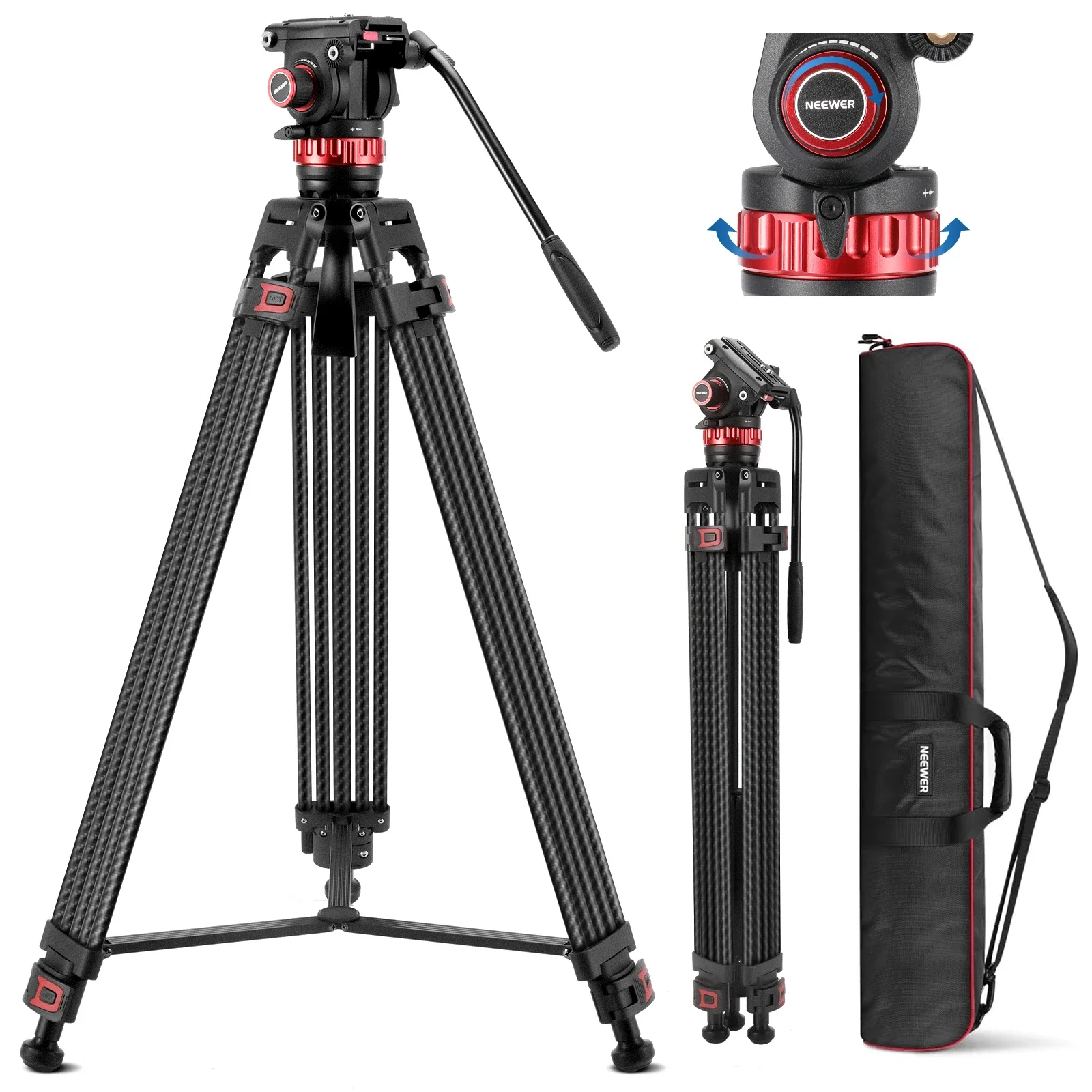 

NEEWER 78" Pro Video Tripod Carbon Fiber With Fluid Head Adjustable 360° Pan & 145° Tilt Damping, DSLR Camera Tripod Heavy Duty