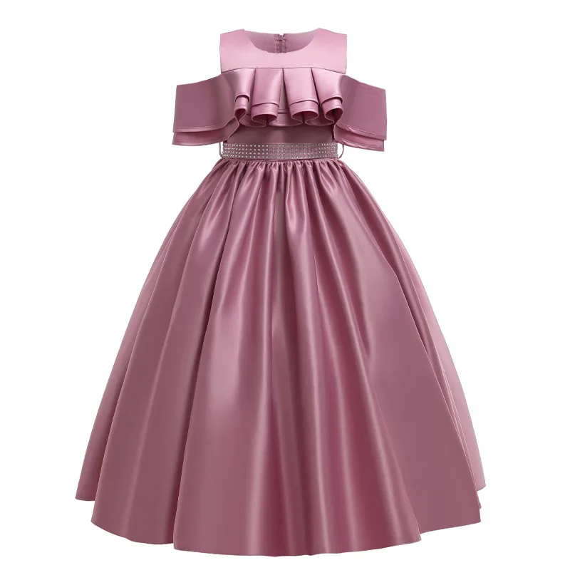 

10 Year Kid Princess Dinner Dress Girl's Party Wear Children's British Style Satin Long Dresses