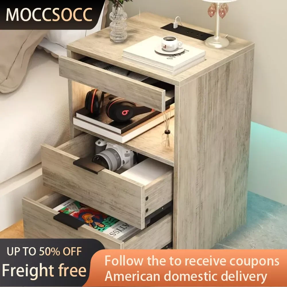 

Nightstand With 2 Drawers and Lights Small Table Coffee Modern Bedside Table With One Pull-Out Shelf for Bedroom Living Room