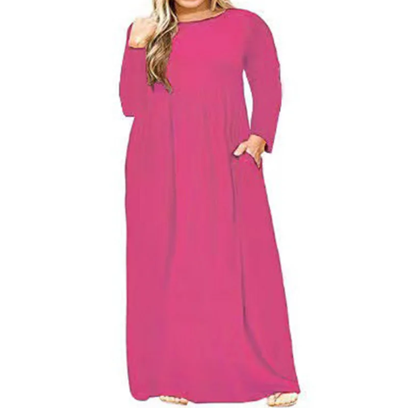 Plus Size Clothes Spring Autumn Round Neck Solid Color Long Sleeve Patchwork Pockets Loose Waist Casual Super Maxi Dress Ladies