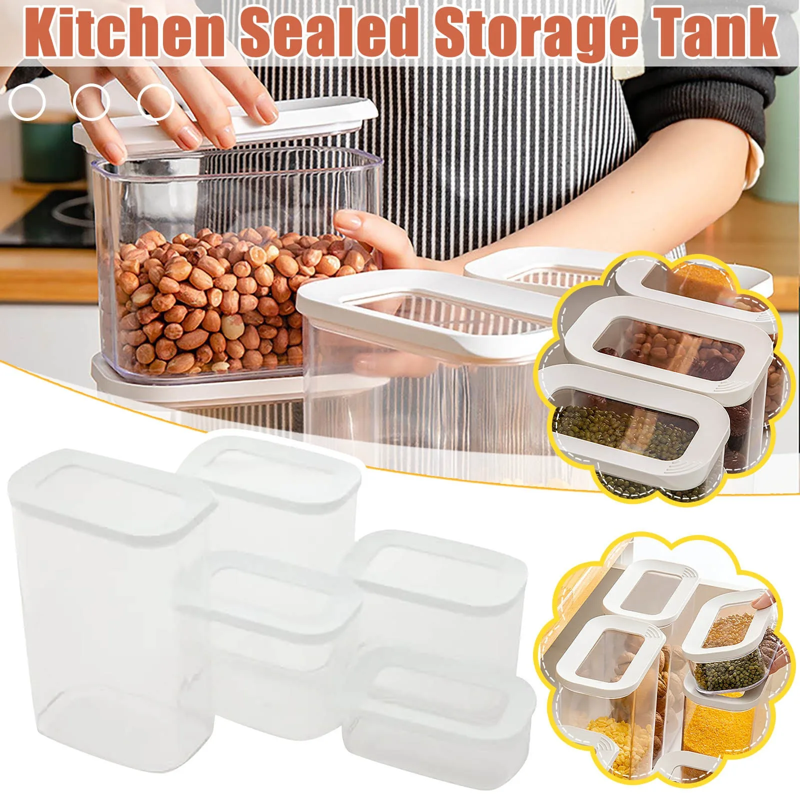 

5Pcs Sets Sealed Jar Food Storage Box Anti-slipTransparent Plastic Kitchen Organizer Stackable Dried Fruit Tea Storage Container