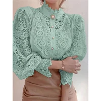 Elegant Loose Sweet Fashion Lace Women Blouse Office Stand Collar Casual Shirt Ladies Petal Long Sleeves Hollow Out Top Clothing - Image 2