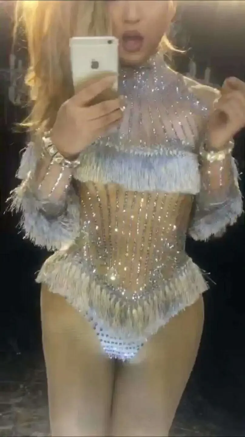 

Sexy Fringe Stage Leotard Sparkly Rhinestone Tassel Bodysuit Stage Costume Women's Singer Dance Long Sleeves Dance Outfits