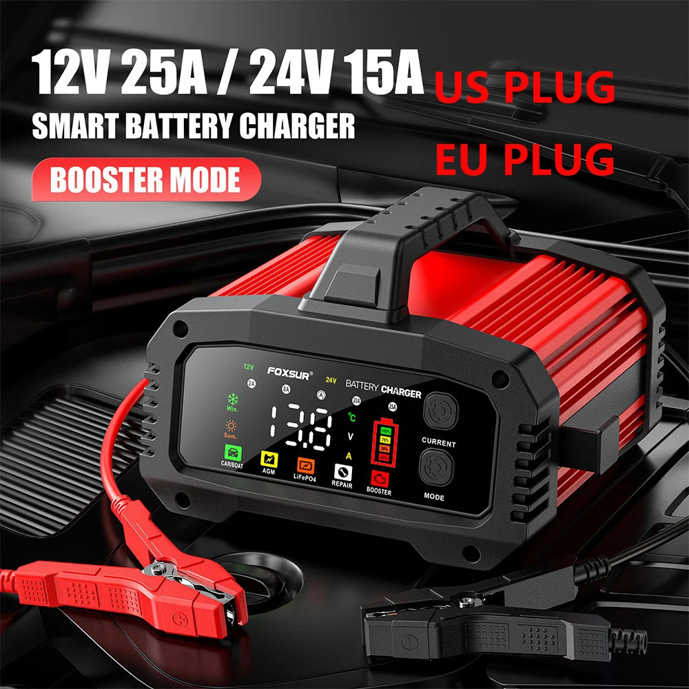 Enhanced 25A Portable Smart Battery Charger with Pulse Repair and Booster