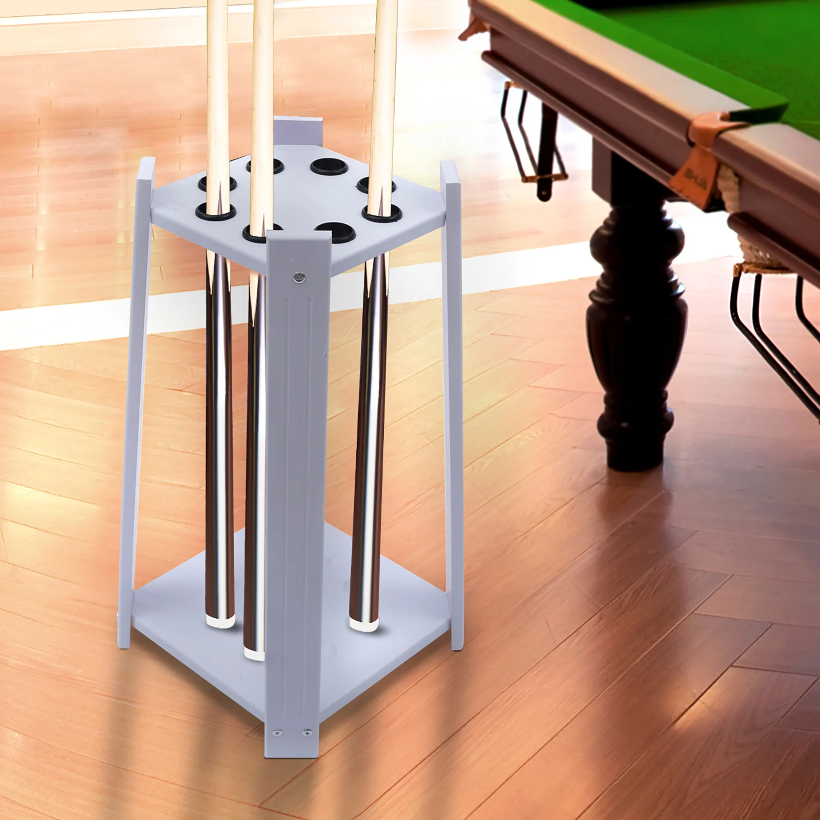 8-Hole Billiard Cue Rack - Wood Multifunctional Pool Stick Stand Holder Cue Holder for Fishing Rod Golf Club (Wood Grain/White) 4
