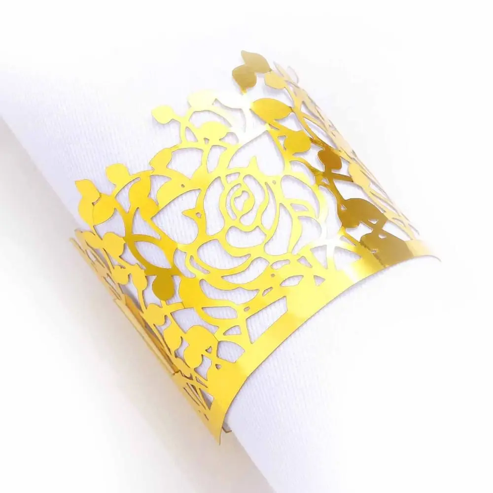 

Golden Disposable Rose Paper Napkin Rings Reflective Paper 6.3 Inches Wedding Rose Napkin Buckle Rose