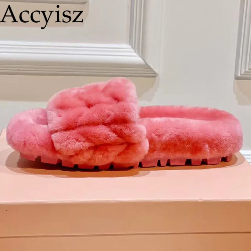 

Autumn Winter New Open Toe Thick Sole Fur Slippers Women Wool Solid Color Flat Shoes Lazy Soft Flipflop Vacation Outdoor Sandals