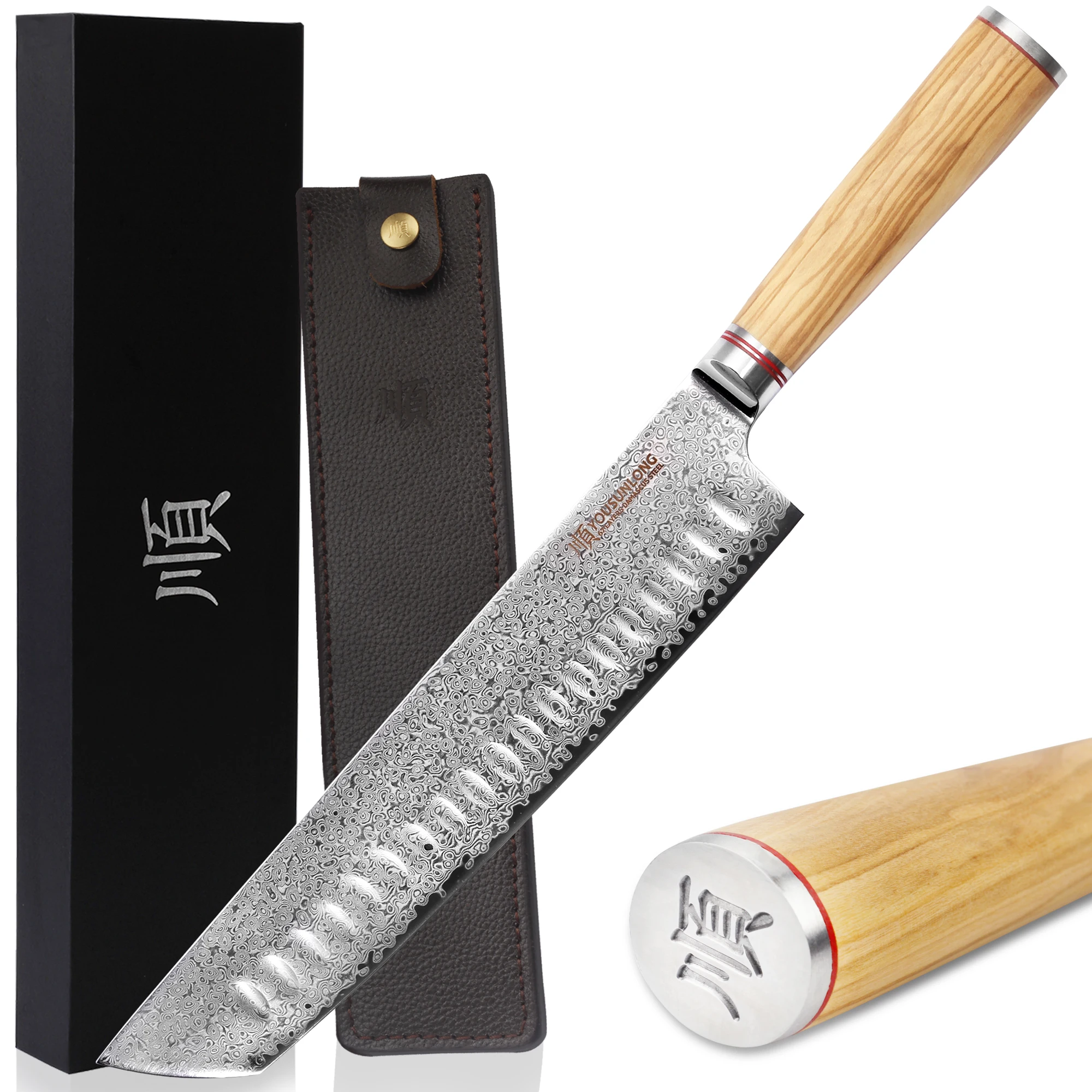 

YOUSUNLONG Tanto Chef Knife 10'' - Japanese Damascus Steel Italian Olivewood Handle with Leather Sheath - Razor Sharp Knife