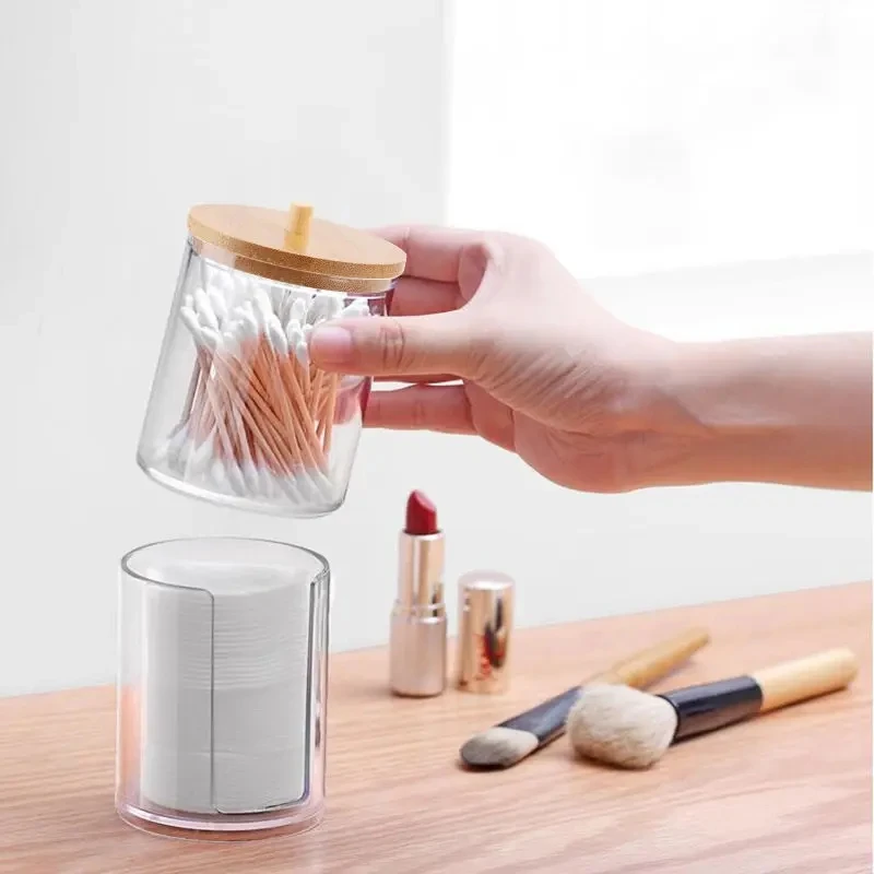 Acrylic storage box bathroom basin makeup organizer circular cotton swab holder QTip dispenser with bamboo cover 6