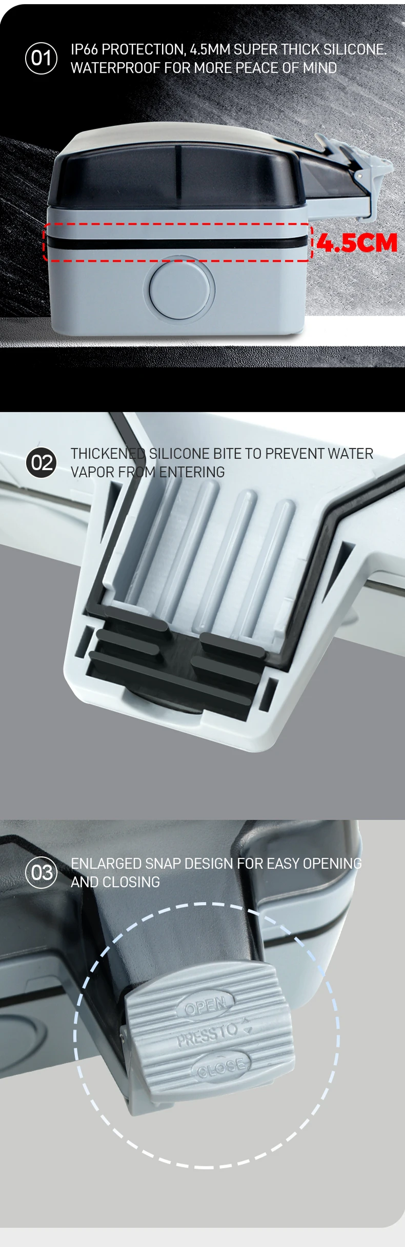 Description Picture 5 of itemAvoir IP66 Waterproof Dustproof Power Socket 146 Type Dual French Standard Plugs Outdoor Electrical Outlet With Usb Charger Port