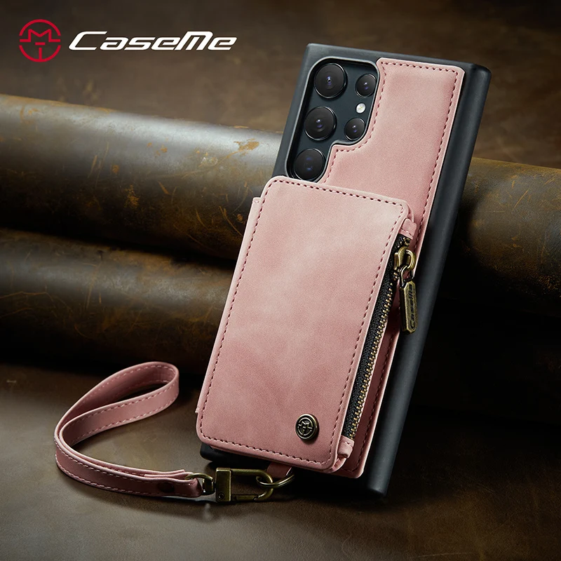

Zipper Leather Phone Case For Samsung Galaxy S23 Ultra S21 S20 FE S22 Plus Cases Luxury Card Slots Wallet Cover With Lanyard