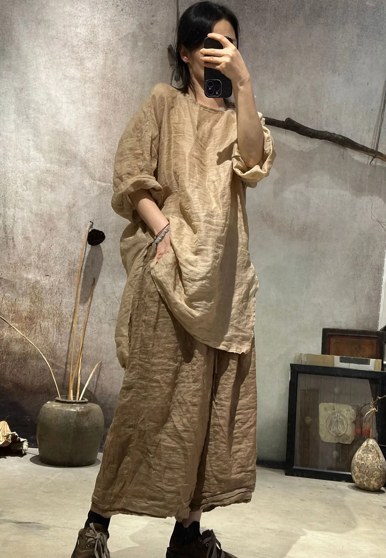 Women Wide Leg New 2025 Spring Summer Double Layer Ramie Pants Elastic Waist Ladies Retro Free Trousers High Quality Original