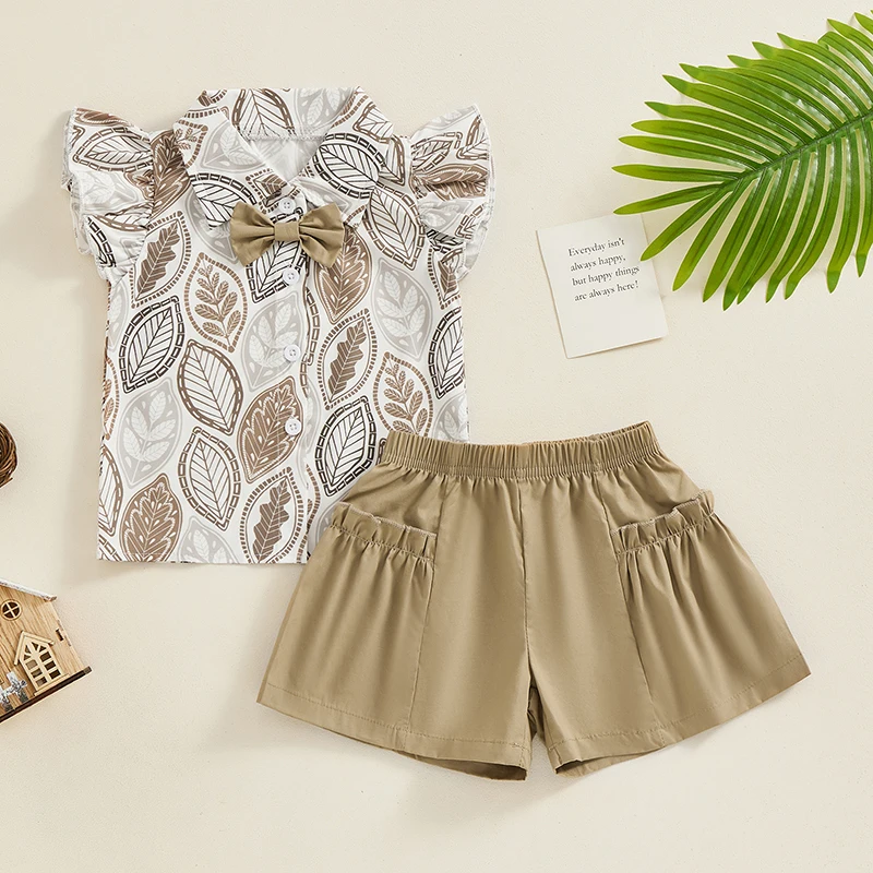 Description Picture 2 of itemGirls Summer 2PCS Shorts Sets Flying Sleeve Leaf Print Button Up Shirt Solid Color Shorts Sets