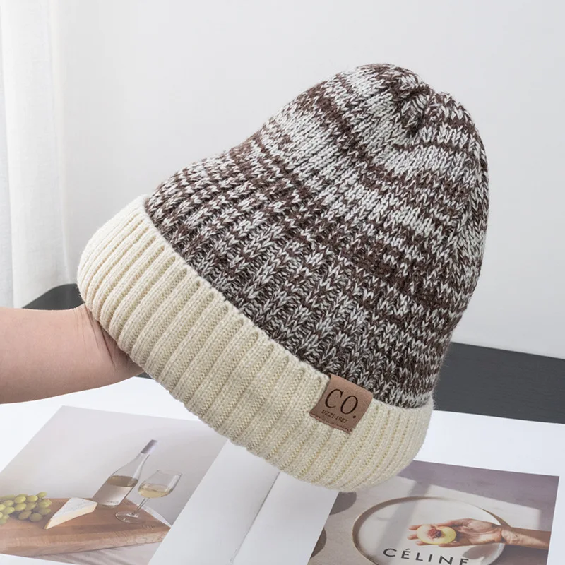 Unisex Two-Tone Winter Hats Add Fur Lined Men And Women Fashion Warm Beanie Cap Casual Winter Knitted Hats 3