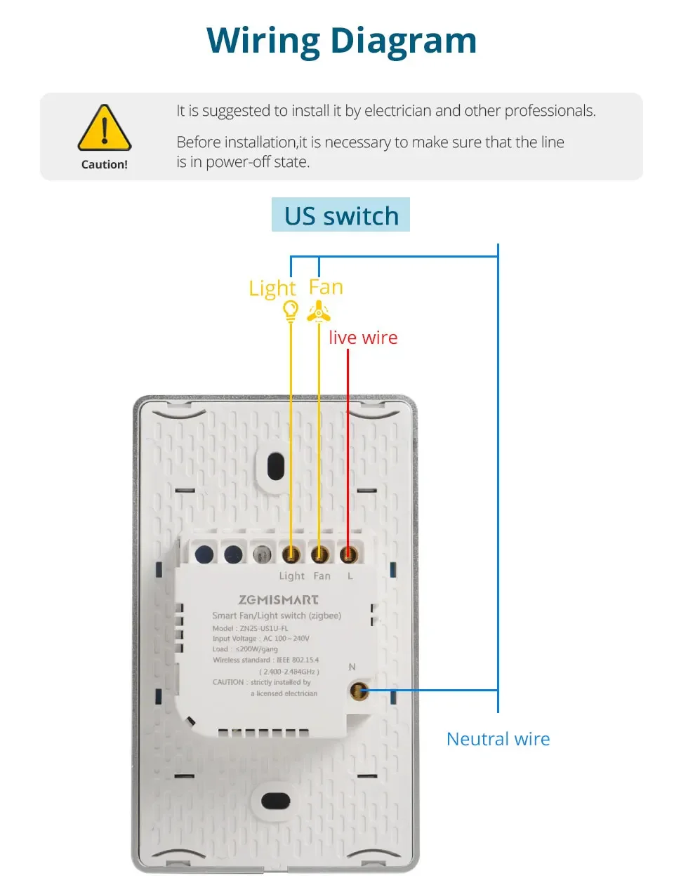 Zigbee Smart Fan Light Switch Neutral Required 1 Gang Touch Light Switch with Sl