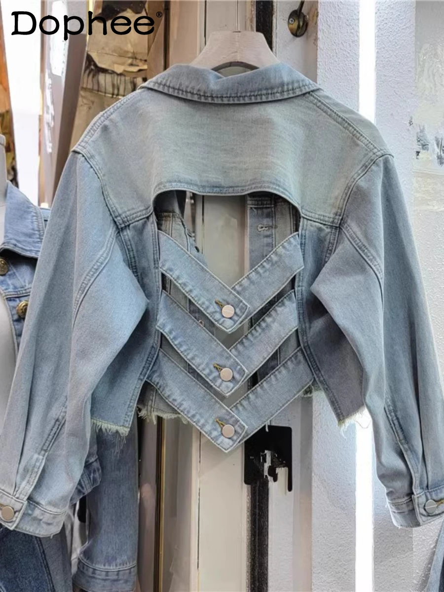 

2023 Early Autumn Back Hollow Sexy Denim Jacket Women's Short Coat Loose Slimming Frayed Stand Collar Jean Jacket Coats Fashion