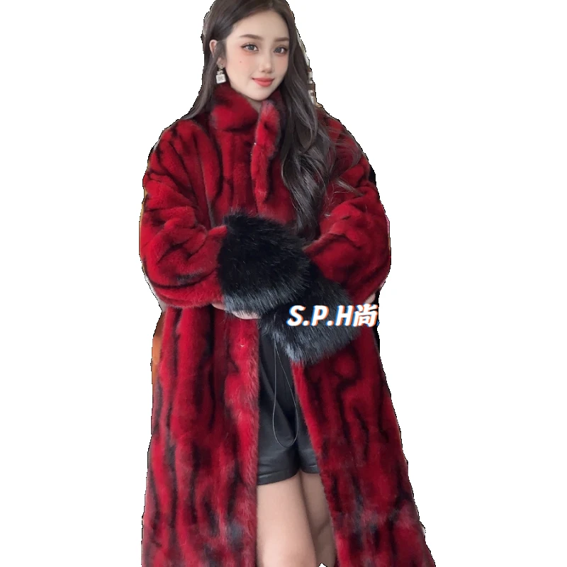 Thickened Water Ripple Marten Overcoats Women 2023 Winter New Stand Collar Long Sleeve Leather Fur Coat Faux Fur Coat Long