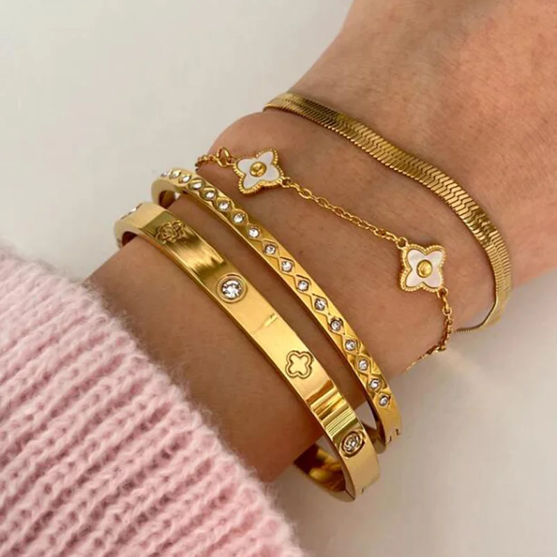 Wave texture cz stone bangles stainless steel bangles for women minimalist dainty delicate stainless steel jewelry non tarnish 3