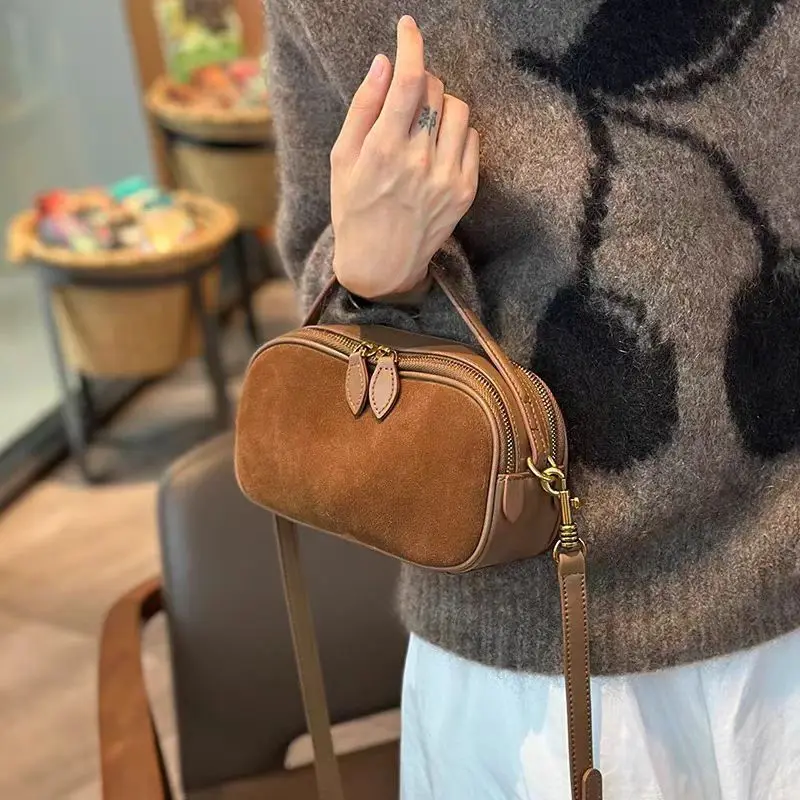 Women's Genuine Suede Cowhide Leather Shoulder Bag Soft Cow Versatile Ladies Crossbody Bag Trendy Luxury Female Designer