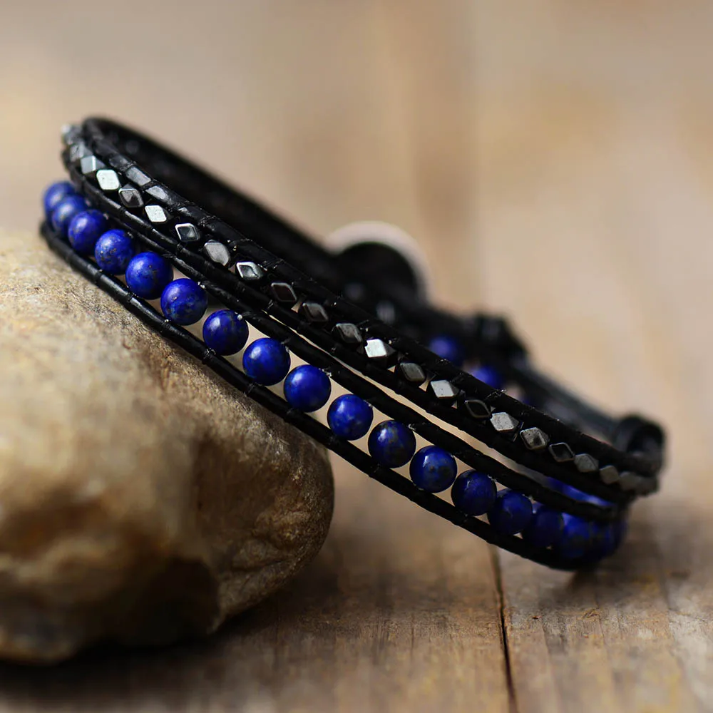 

Cool Men Bracelets 2 Layers Lapis Tiger Eye Leather Wrap Bracelets Natural Stone Beaded Couples Lovers Bracelet Birthday Gifts