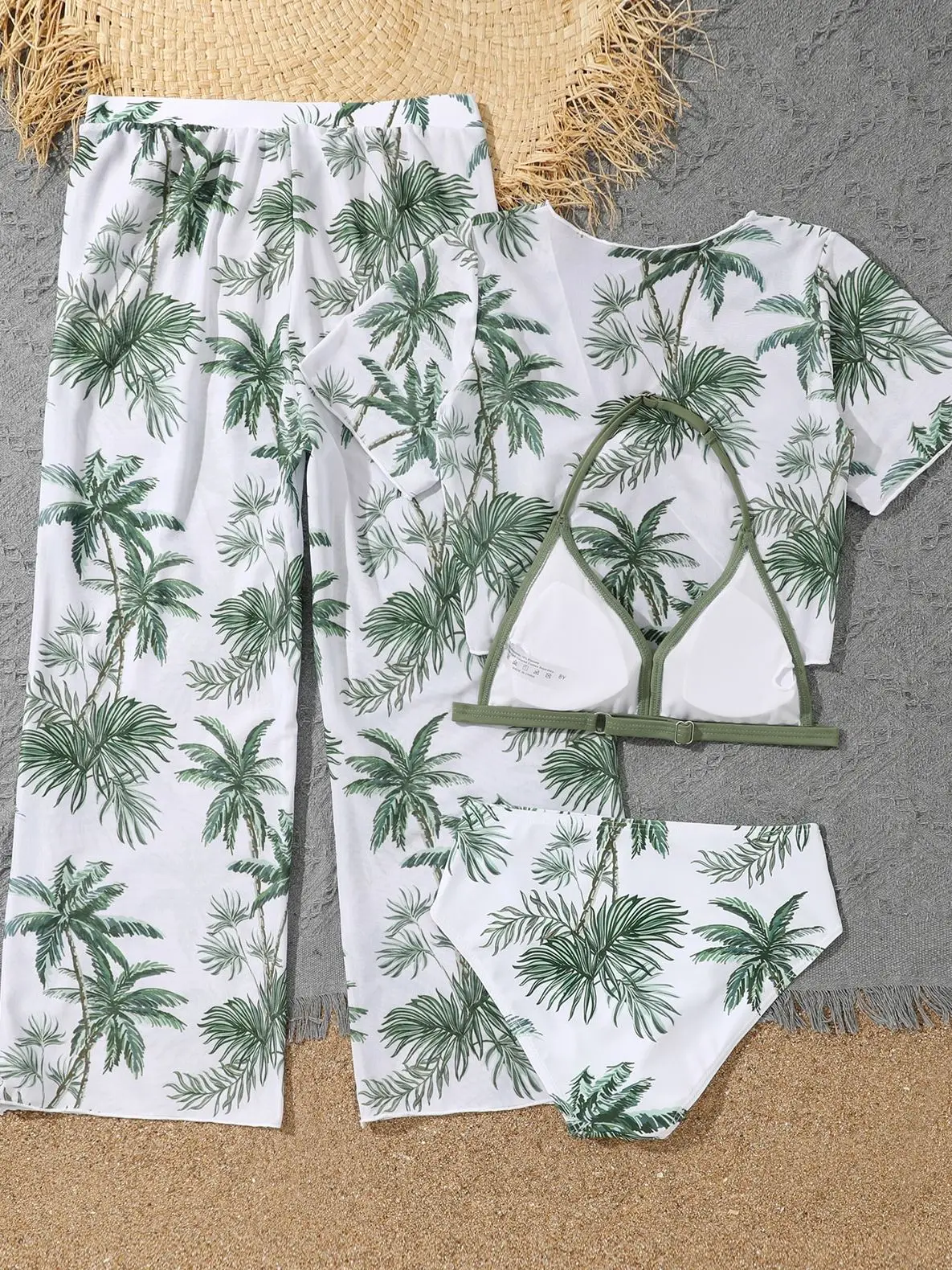 thumbnail image 2 of Conjunto de Bikini con estampado de palmeras para niñas, traje de baño con pantalones + Top corto de manga corta, traje de baño para niños de 7 a 12 años, paquete de 4, 2 of 5