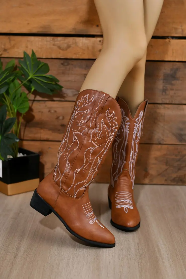 Versatile Western Denim Thick Heel V-Neck Embroidered Sleeve Cavalry Boots Retro Mid Barrel Horse Boots