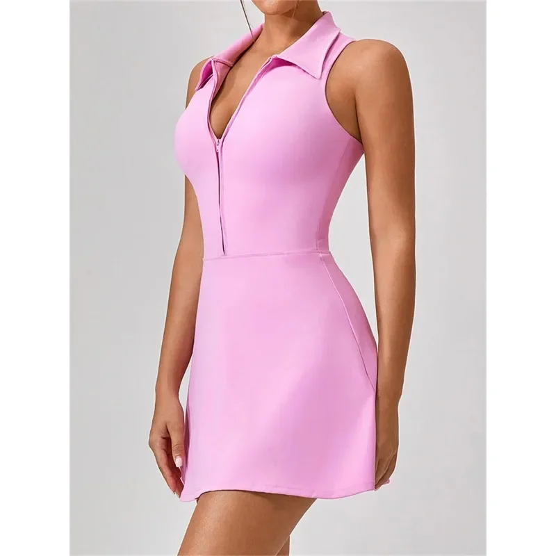 Women's Tennis Dress Women Turn Down Collar Front Zipper 2-in-1 Golf Sports Tight Dress Fitness Workout Running Pocket Skort