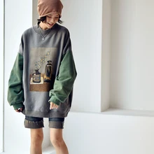 MICOCO R3115C Restoring ancient ways Literature and art Fashion printing loose High collar Add fluff Fleece female