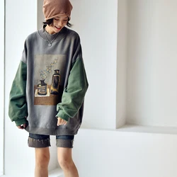 MICOCO R3115C Restoring ancient ways  Literature and art  Fashion printing  loose  High collar  Add fluff  Fleece female