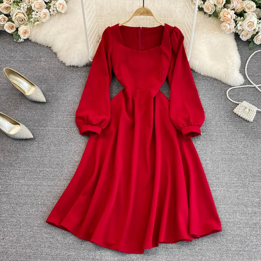 

Women's Square Neck Bubble Long Sleeves Waist Slim A-line Dress Autumn Retro Long Dress