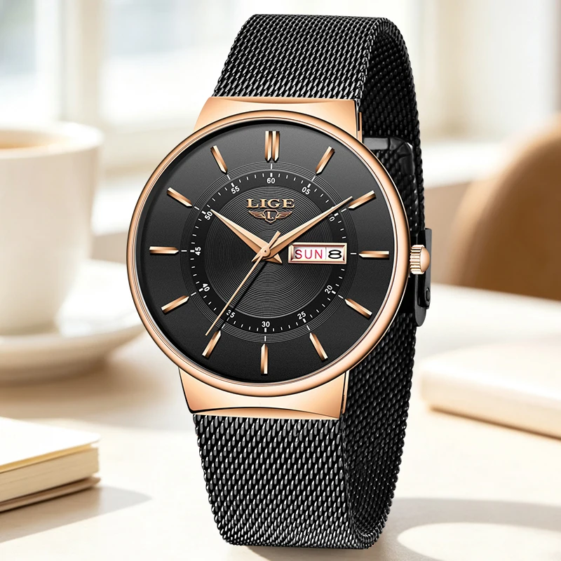 LIGE Women's Luxury Ultra-Thin Quartz Watch with Mesh Stainless Steel Band - Waterproof Gift Set with Box