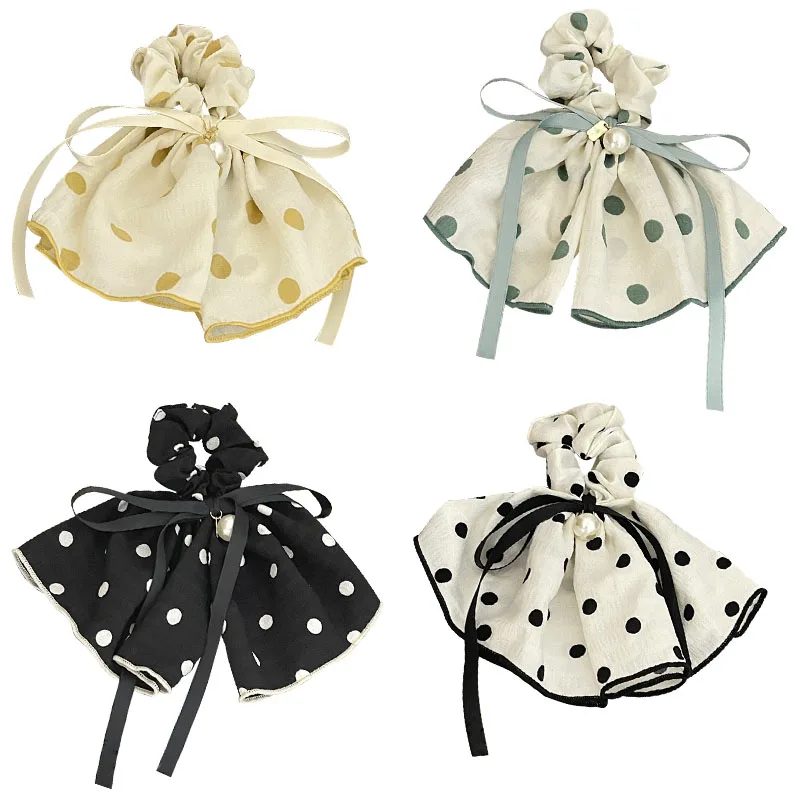 Retro Bowknot DOT Fabric Hair Scrunchies Women Pearl Ponytail Holder Polka Dot Hair Tie Hair Rope Rubber Bands Headwear Hair Acc