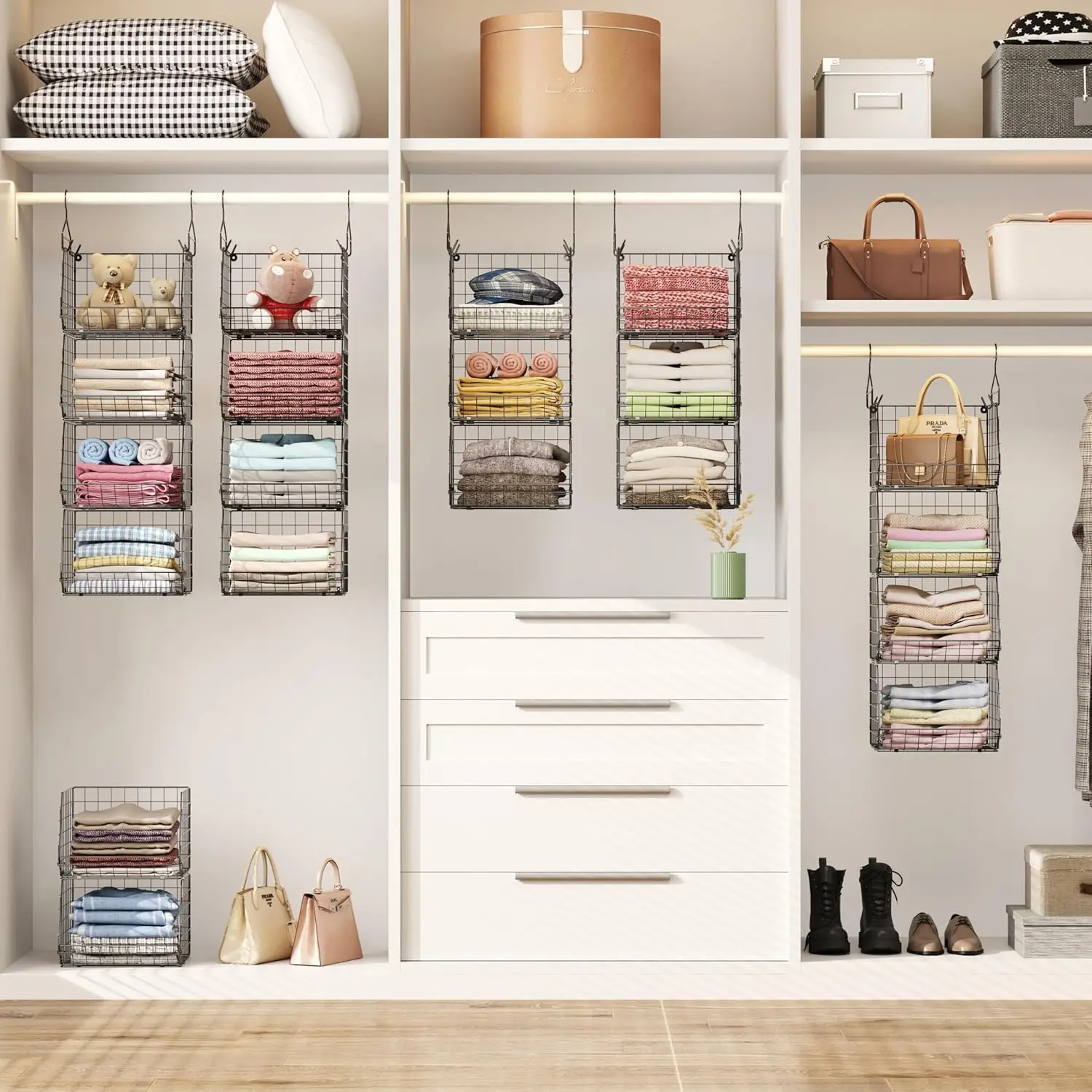 4 Tier Closet Hanging Organizer, Closet Organizers and Storage with 5 S Hooks, Closet Hanging Shelves & Freestanding Wire Storag 4