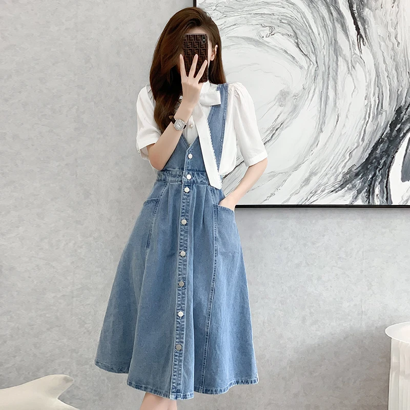 Denim Strap Dress Summer Sleeveless V-Neck Vest Dress Blue Slim