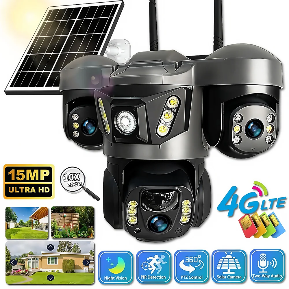 Solar 4G IP Camera 15MP Three Lens Three Screen Waterproof Monitor Night Vision Security Protection PTZ Video Surveillance Solar 4G IP Camera 15MP Three Lens Three Screen Waterproof Monitor Night Vision Security Protection PTZ Video Surveillance