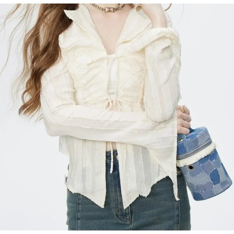 

Женская блузка на шнуровке, элегантная приталенная блузка с длинным рукавом и отложным воротником в Корейском стиле, модель 30350 года