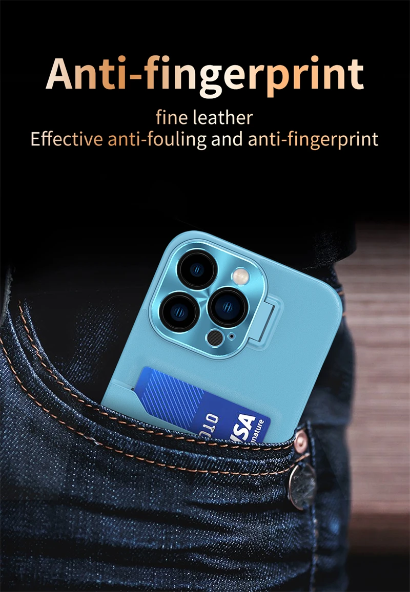 Luxury Leather Card Holder Stand Case For iPhone 14 13 12 Pro Max &  Metal Lens Protective - sky cover